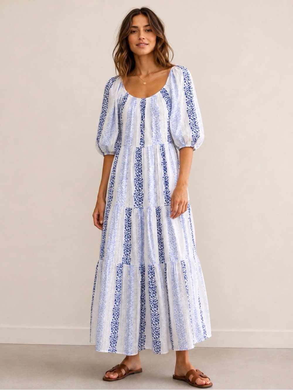 Zara Blue & White Floral Eyelet Maxi Dress L Puff Sleeve Cottagecore